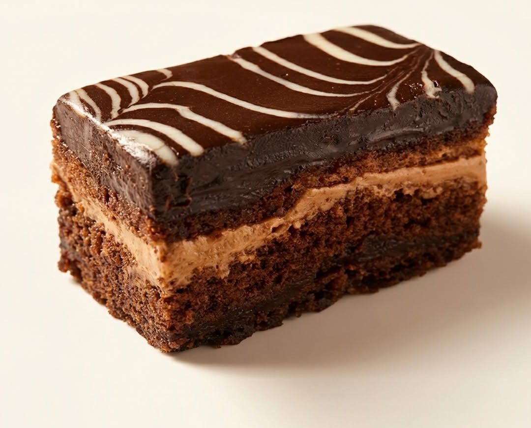 Corte de pastel de chocolate con capas de crema y cobertura marmoleada