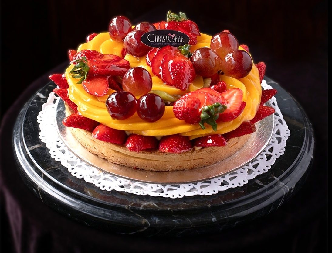 Tarta de frutas frescas de Chez Christophe con fresas, uvas y mango sobre una base de mármol oscuro